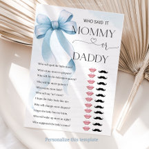 Tarjeta de juego Baby Shower Bow Blue Mommy o Dadd