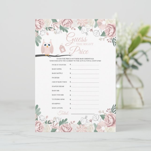 Tarjeta de juego Baby Shower con floral de búho ro (Anverso de pie)