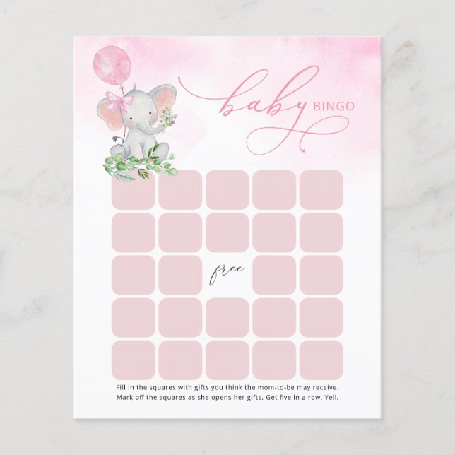 Tarjeta de juego Baby Shower Cute Elephant Bingo (Anverso)
