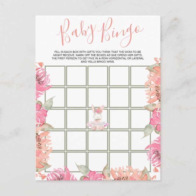 Tarjeta de juego Baby Shower Cute Pink Floral Bunn (Anverso)