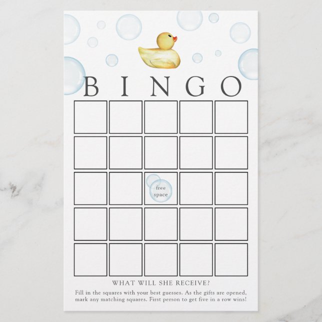 Tarjeta de juego Baby Shower de bingo de pato de g (Anverso)