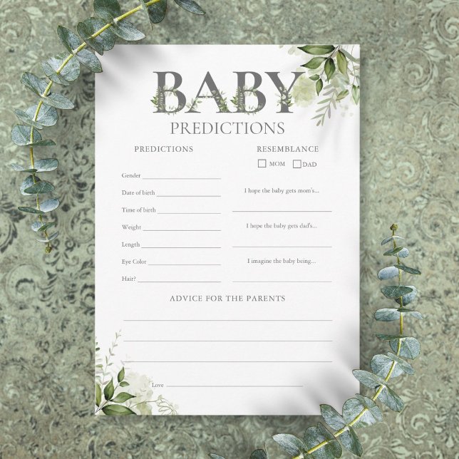 Tarjeta de juego Baby Shower de GreenEnergy Predic (Baby Predictions Greenery Baby Shower Game Card)