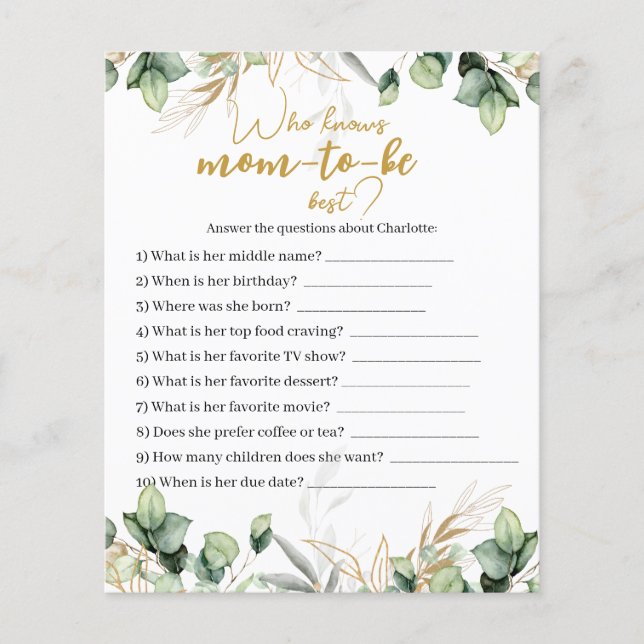 Tarjeta de juego Baby Shower Eucalyptus Greenery (Anverso)