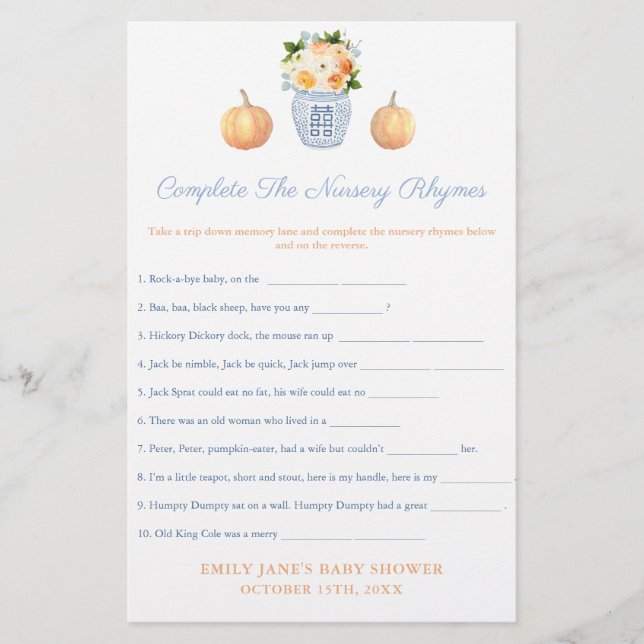 Tarjeta de juego Baby Shower Fall Pumpkins Nursery (Anverso)