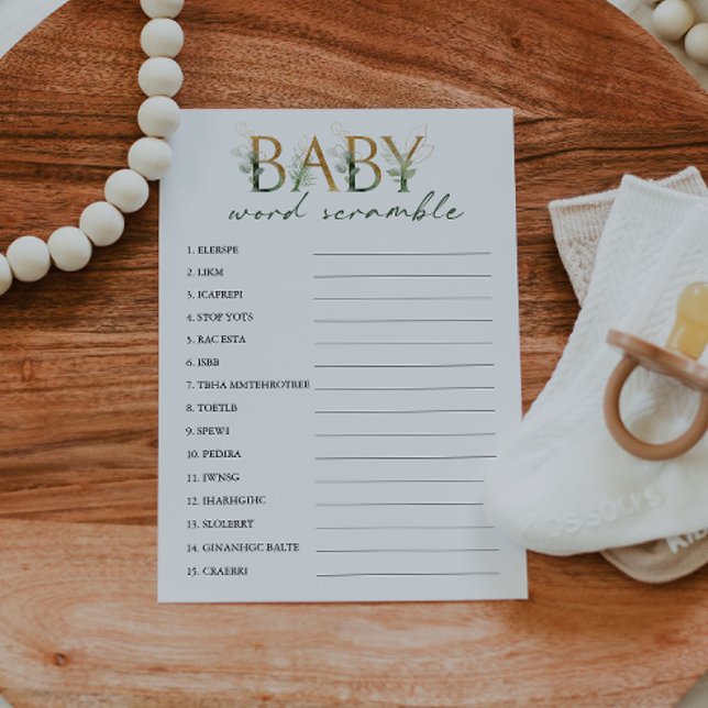Tarjeta de juego Baby Shower Green & Gold Word Scr (Subido por el creador)