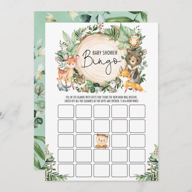 Tarjeta de juego Baby Shower Greenery Forest Bingo (Anverso / Reverso)