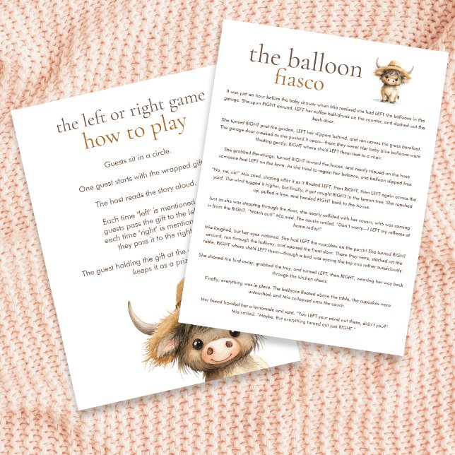 Tarjeta de juego Baby Shower Highland Cow Left o R (Front and back view)
