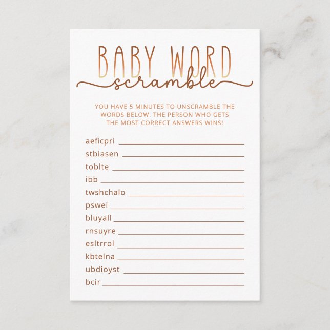 Tarjeta de juego Baby Shower Neutral Word Scramble (Anverso)
