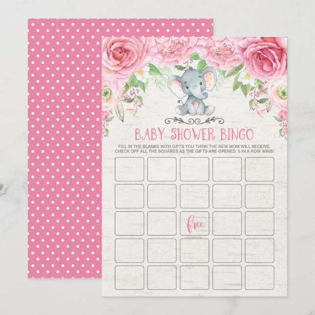 Tarjeta de juego Baby Shower para elefante floral  (Anverso / Reverso)