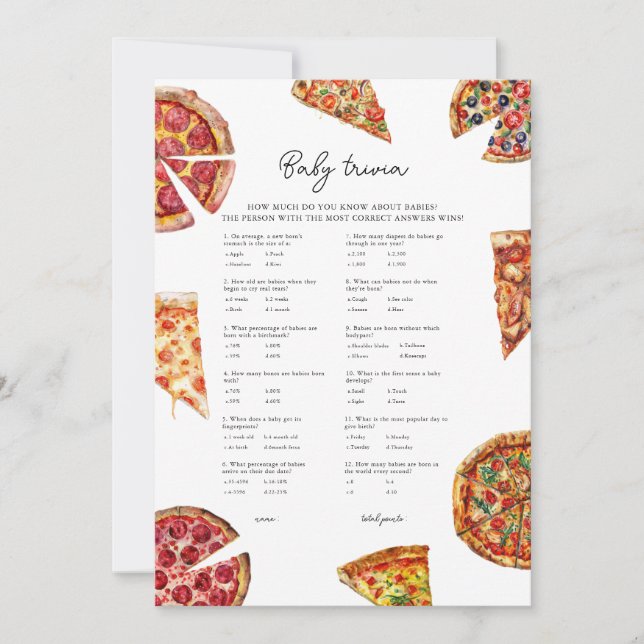 Tarjeta de juego Baby Shower Pizza Baby Trivia (Anverso)