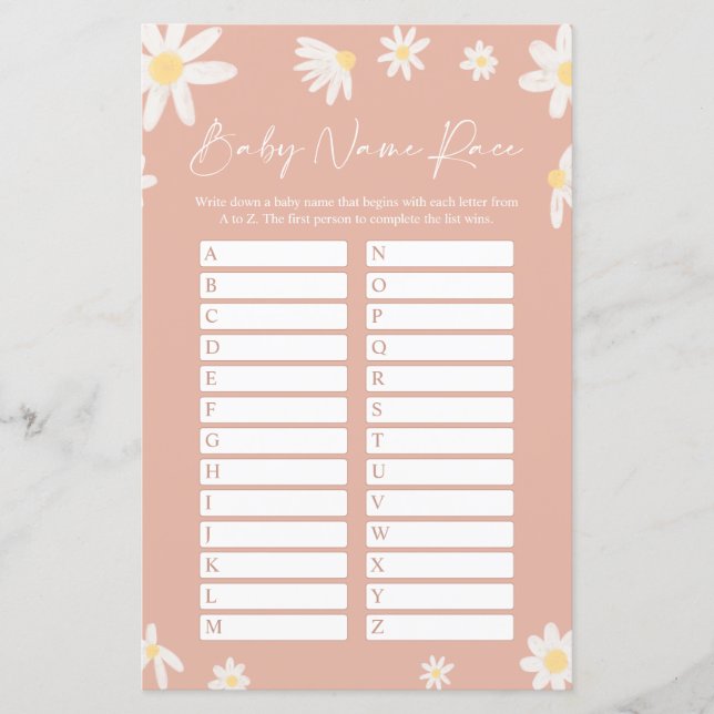 Tarjeta de juego Baby Shower Race de nombres rosad (Anverso)