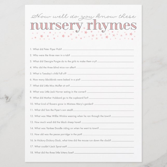 Tarjeta de juego Baby Shower Star Rhyme de Nursery (Anverso)