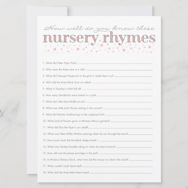 Tarjeta de juego Baby Shower Star Rhyme de Nursery (Anverso)