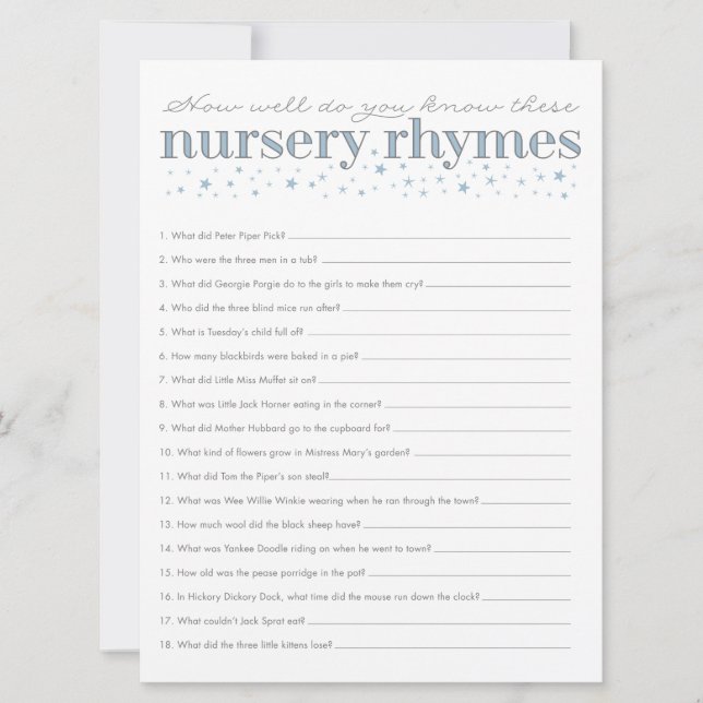 Tarjeta de juego Baby Shower Star Rhyme de Nursery (Anverso)