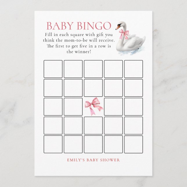 Tarjeta de juego Baby Shower Swan Bingo (Anverso)