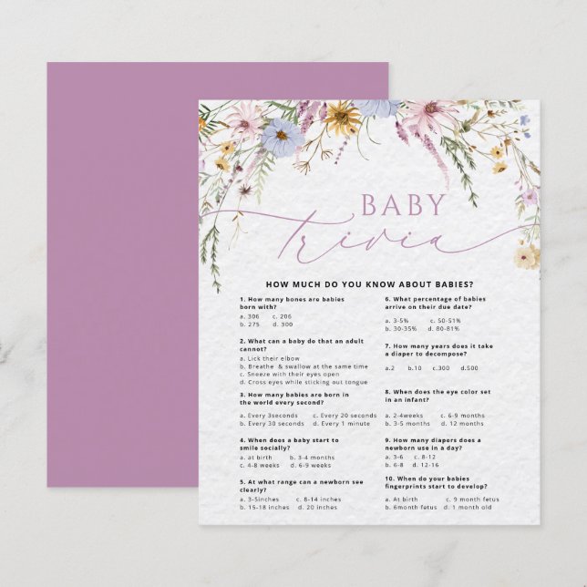 Tarjeta de juego Baby Shower Wildflowers Baby Triv (Anverso / Reverso)