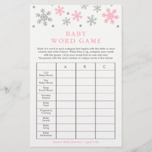 Tarjeta de juego Baby Shower Word SilverPink Snowf