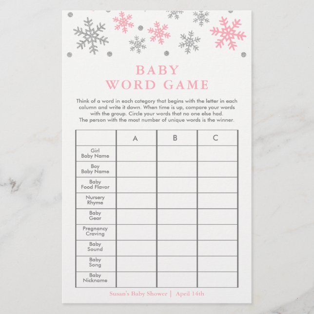 Tarjeta de juego Baby Shower Word SilverPink Snowf (Anverso)