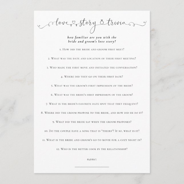 Tarjeta de juego blanca Love Story Trivia Bridal S (Anverso)