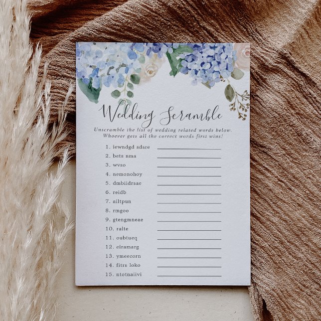 Tarjeta de juego Blue Hydrangea Boda Word Scramble (Blue Hydrangea Wedding Word Scramble Game Card)