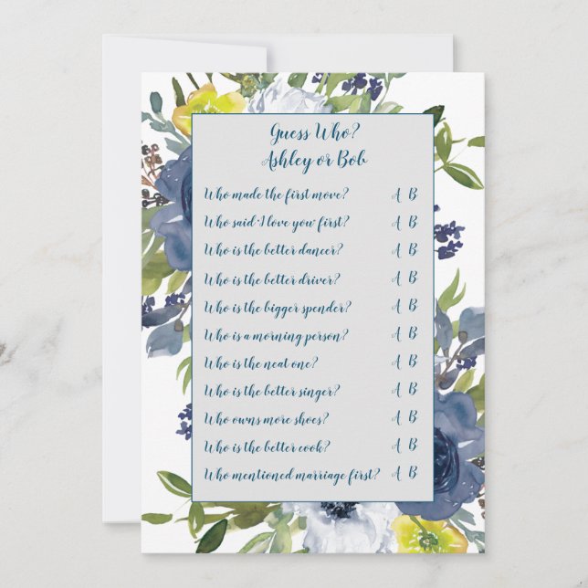 Tarjeta de juego Blue Yellow Floral Bridal Shower (Anverso)