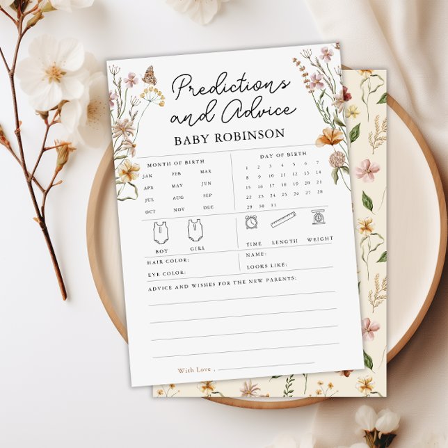 Tarjeta de juego Boho de Wildflower Baby Predictio (Wildflower Baby Predictions Advice Boho Game Card)