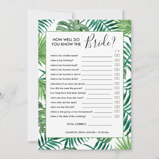 Tarjeta de juego Botanical Summer Bridal Shower (Anverso)