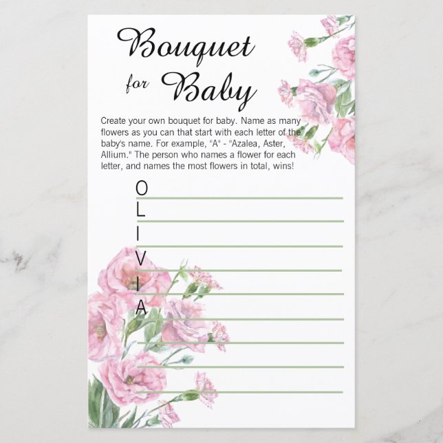 Tarjeta de juego Bouquet para bebés Baby Shower (Anverso)