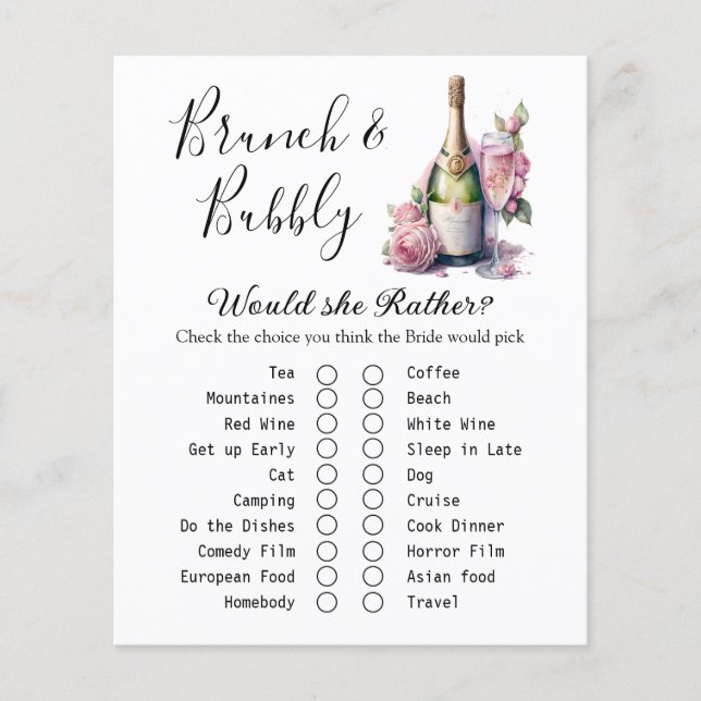 Tarjeta de juego Brunch and Bubbly Bridal Shower (Anverso)