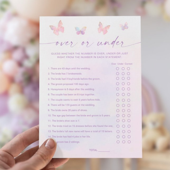 Tarjeta de juego Butfly Bridal Shower Over o Under (Subido por el creador)