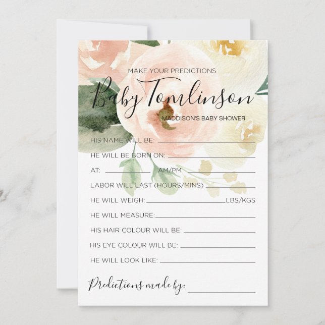 Tarjeta de juego de adivinanzas Floral Baby Shower (Anverso)