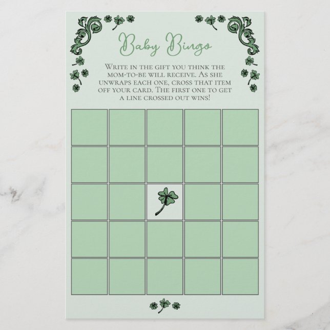 Tarjeta de juego de Baby Shower Baby Bingo St Patr (Anverso)