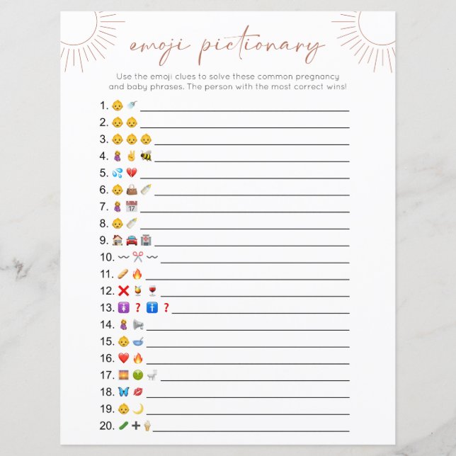 Tarjeta de juego de Baby Shower Boho Sun Emoji de  (Anverso)