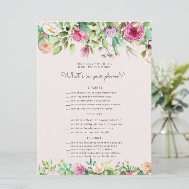 tarjeta de juego de Baby Shower con jardín encanta (Anverso de pie)