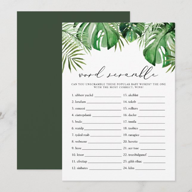 Tarjeta de juego de Baby Shower de Word Tropical S (Anverso / Reverso)