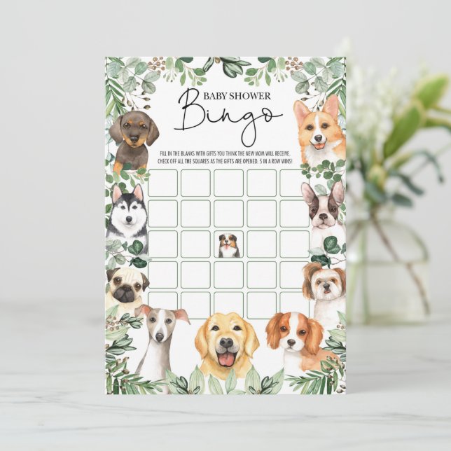Tarjeta de juego de Baby Shower Greenery Puppy Dog (Anverso de pie)