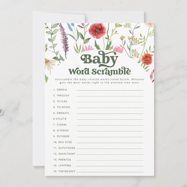 Tarjeta de juego de Baby Shower Word Scramble Wild (Anverso)