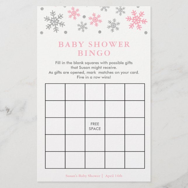 Tarjeta de juego de Bingo Baby Shower con copo de  (Anverso)