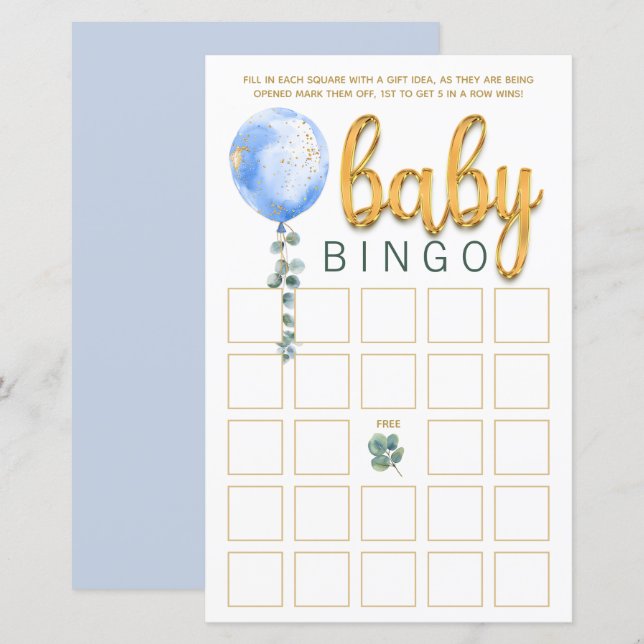 Tarjeta de juego de bingo Baby Shower con globo az (Anverso / Reverso)