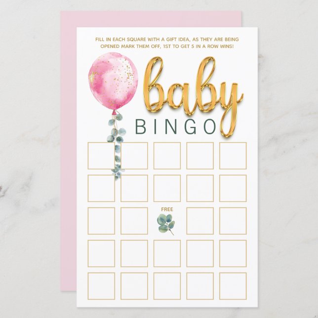 Tarjeta de juego de bingo Baby Shower con globo ro (Anverso / Reverso)