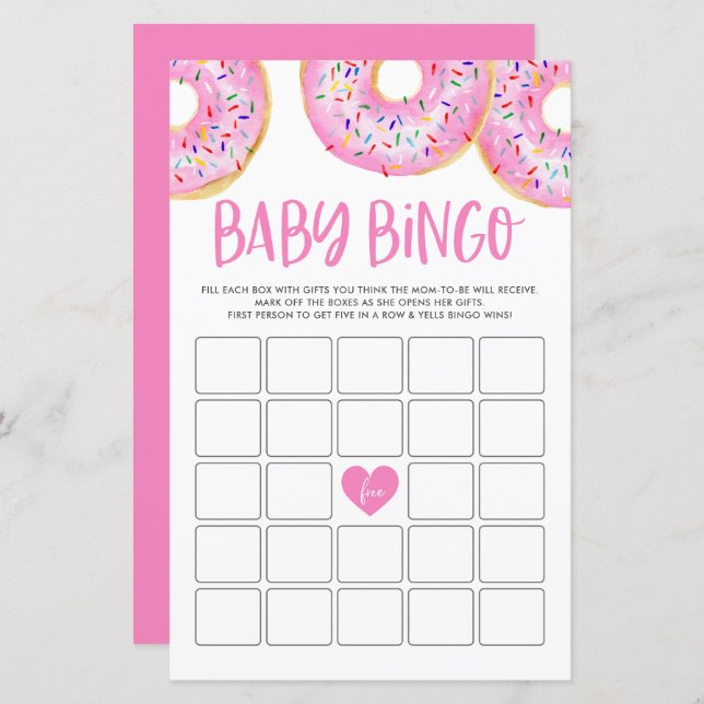 Tarjeta de juego de bingo Baby Shower Donuts rosa (Anverso / Reverso)