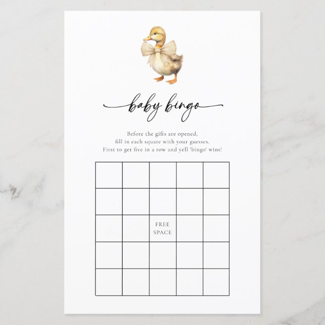 Tarjeta de juego de Bingo Baby Shower Duck Waterco (Anverso)
