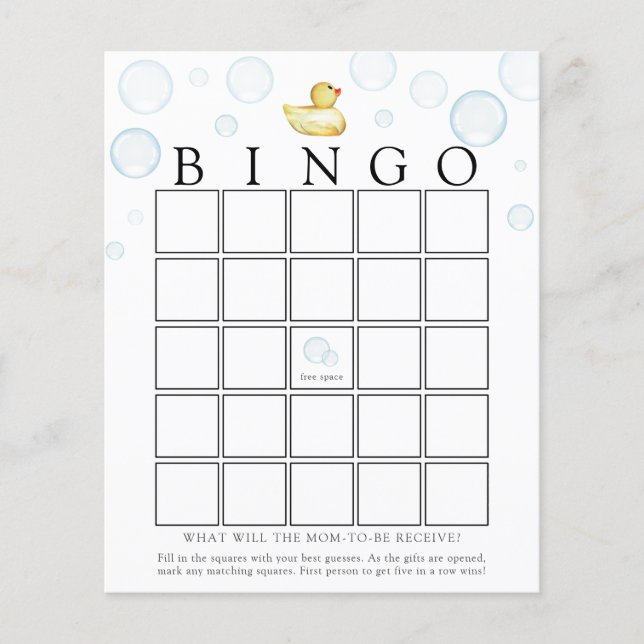 Tarjeta de juego de Bingo Baby Shower Ducky Rubber (Anverso)