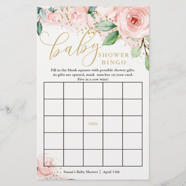 Tarjeta de juego de Bingo Baby Shower Floral Rosa  (Anverso)