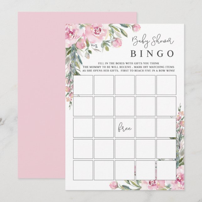 Tarjeta de juego de bingo Baby Shower Floral Water (Anverso / Reverso)