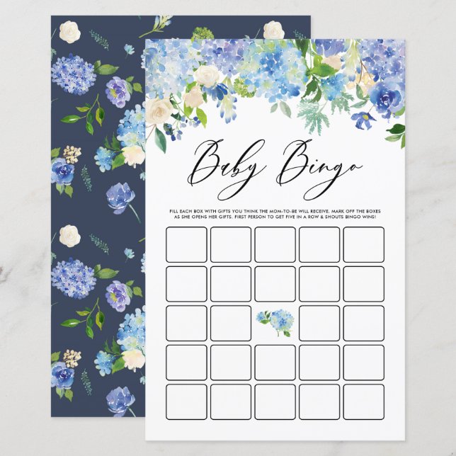 Tarjeta de juego de bingo Baby Shower Hydrangea Fl (Anverso / Reverso)