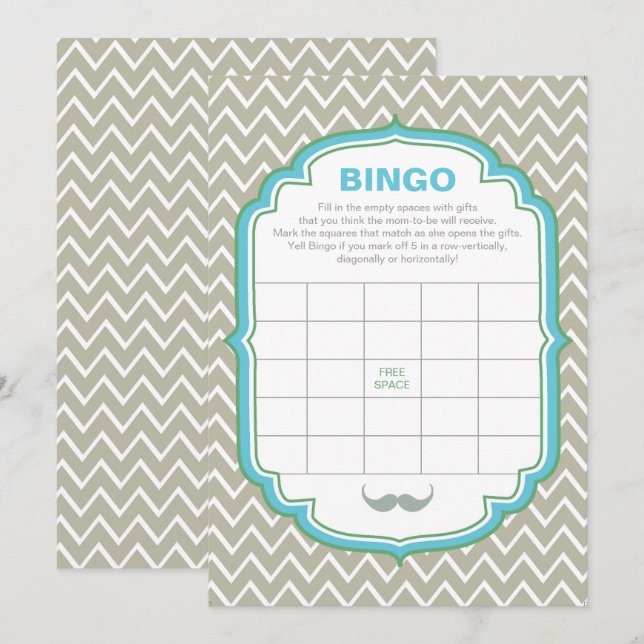 Tarjeta de juego de bingo Baby Shower Mustach azul (Anverso / Reverso)