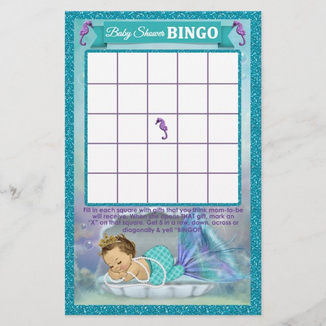 Tarjeta de juego de bingo Baby Shower para sirenas (Anverso)