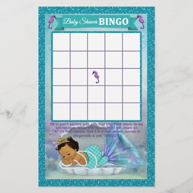 Tarjeta de juego de bingo Baby Shower para sirenas (Anverso)