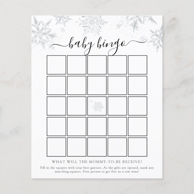 Tarjeta de juego de Bingo Baby Shower Snowflake (Anverso)